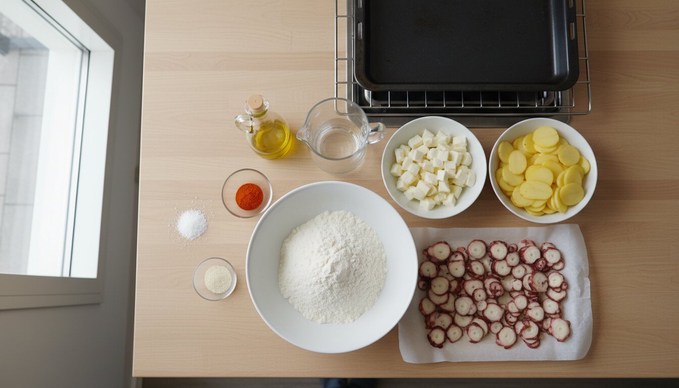 Ingredientes medidos para pizza con pulpo: pulpo cocido, mozzarella, harina, agua, pimentón y aceite