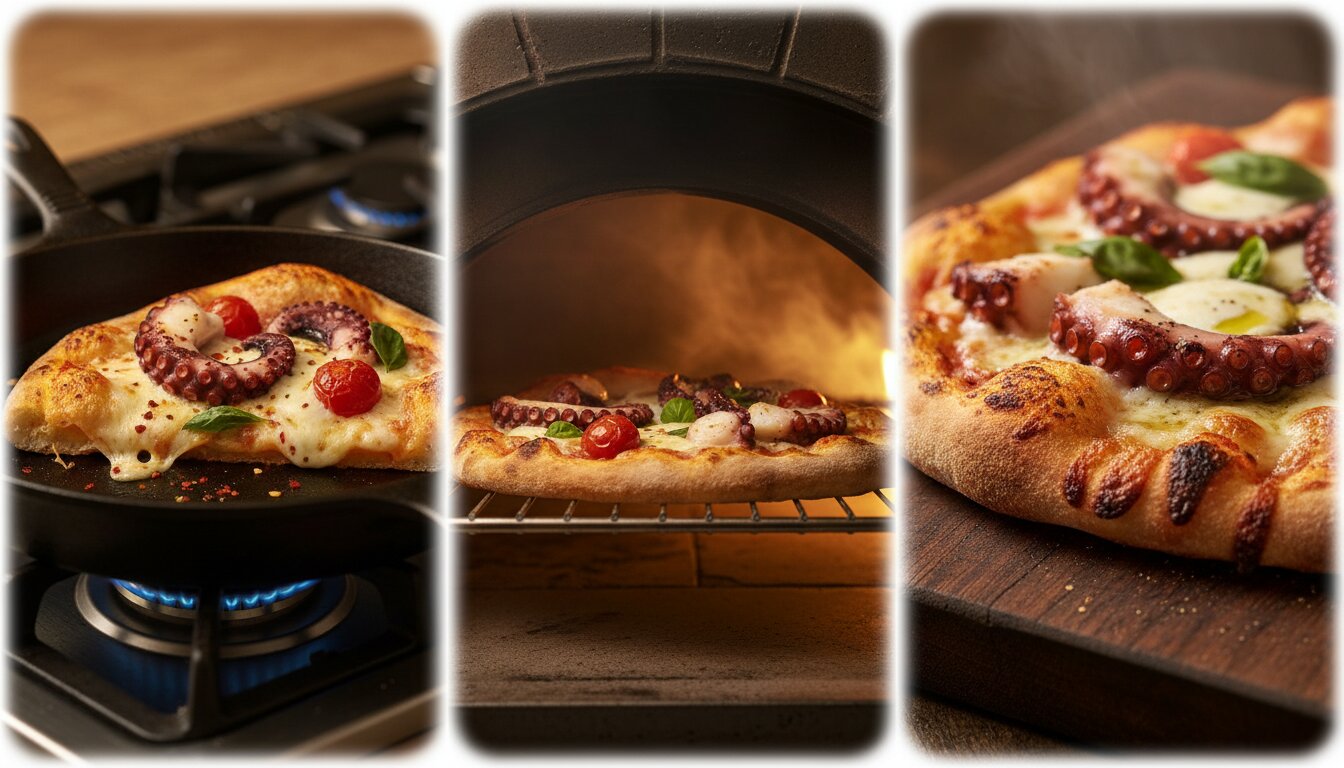 Cómo recalentar pizza con pulpo en sartén u horno para que quede crujiente