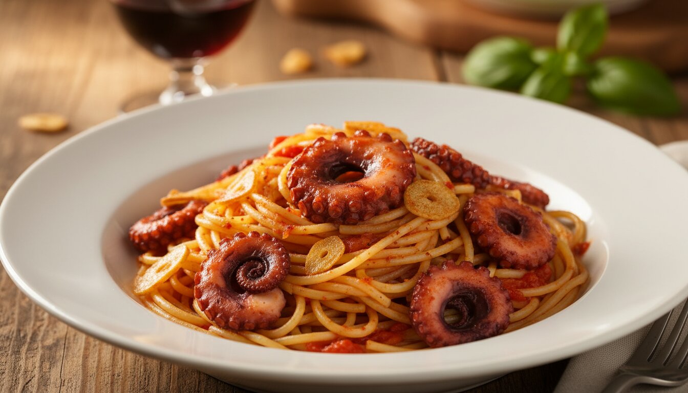 Plato blanco con espaguetis al dente y trozos de pulpo tierno, ajo dorado, pimentón rojo y salsa de tomate brillante,...
