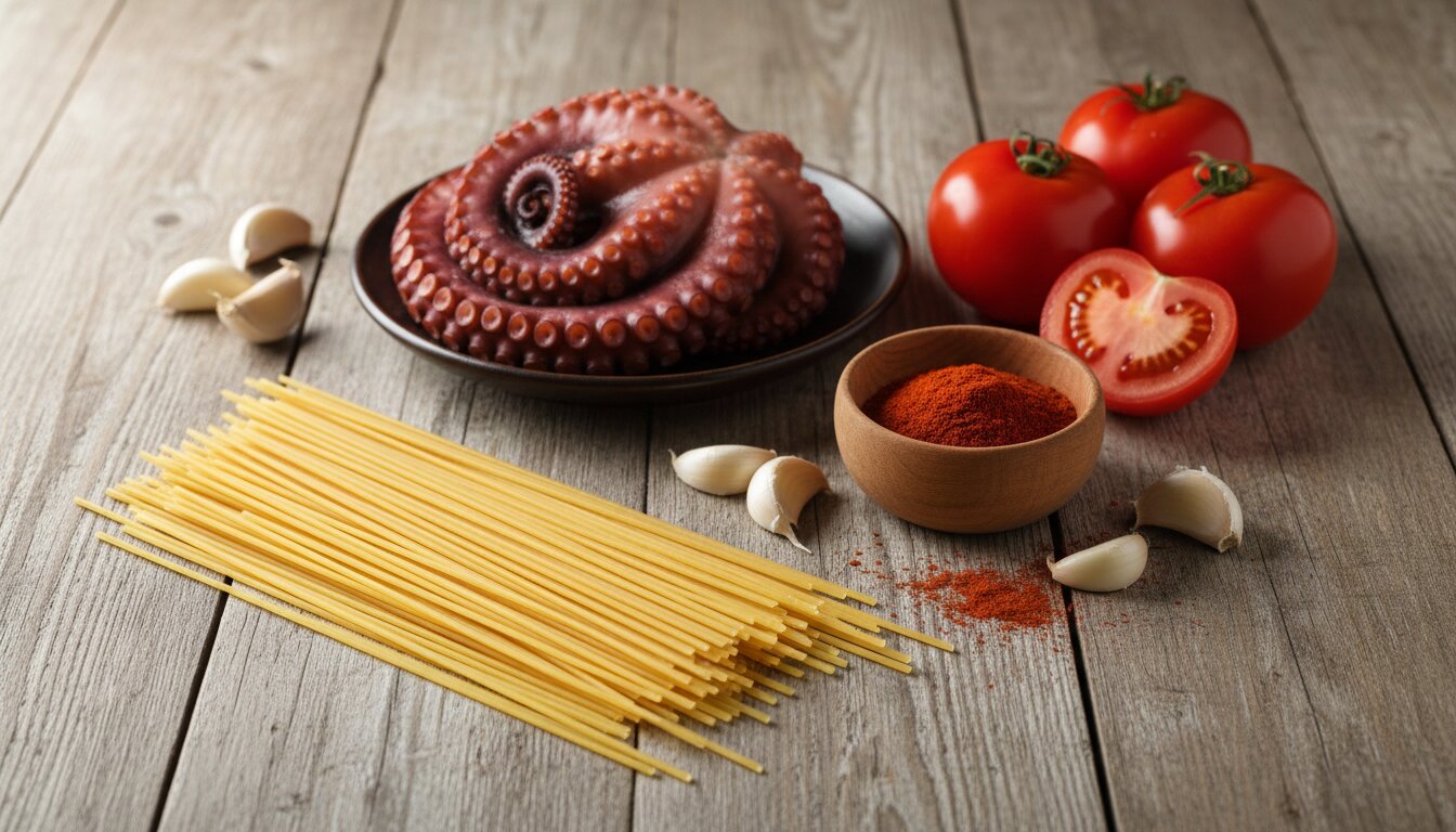 Primer plano de ingredientes frescos sobre mesa de madera: espaguetis secos, pulpo cocido, dientes de ajo, pimentón e...
