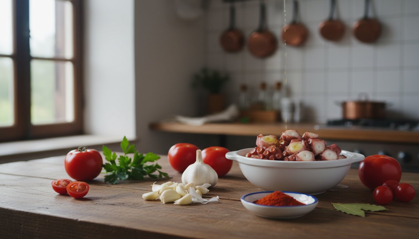 Mesa de cocina con ingredientes organizados: ajos pelados, pulpo cocido en trozos, pimentón en plato pequeño y tomate...