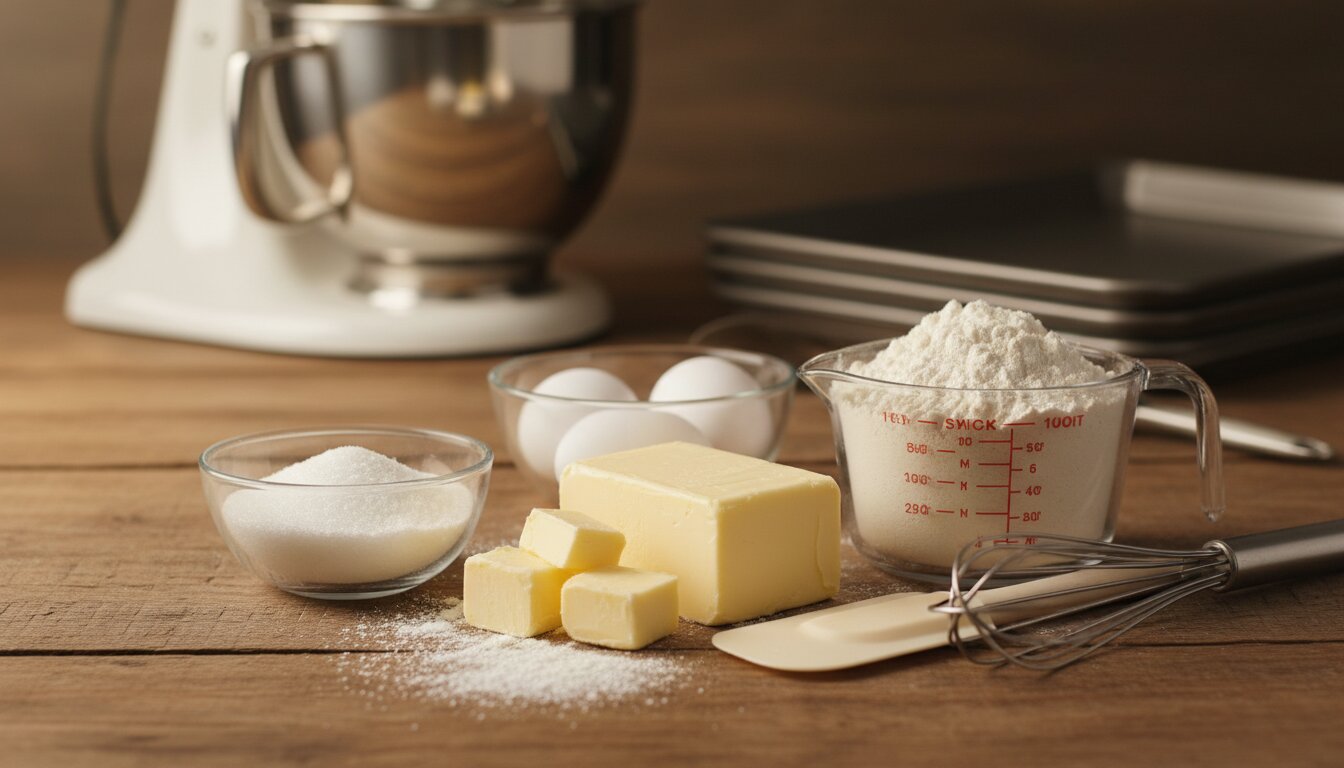 Primer plano de ingredientes de repostería medidos con precisión, mantequilla y harina sobre mesa de madera, luz cáli...