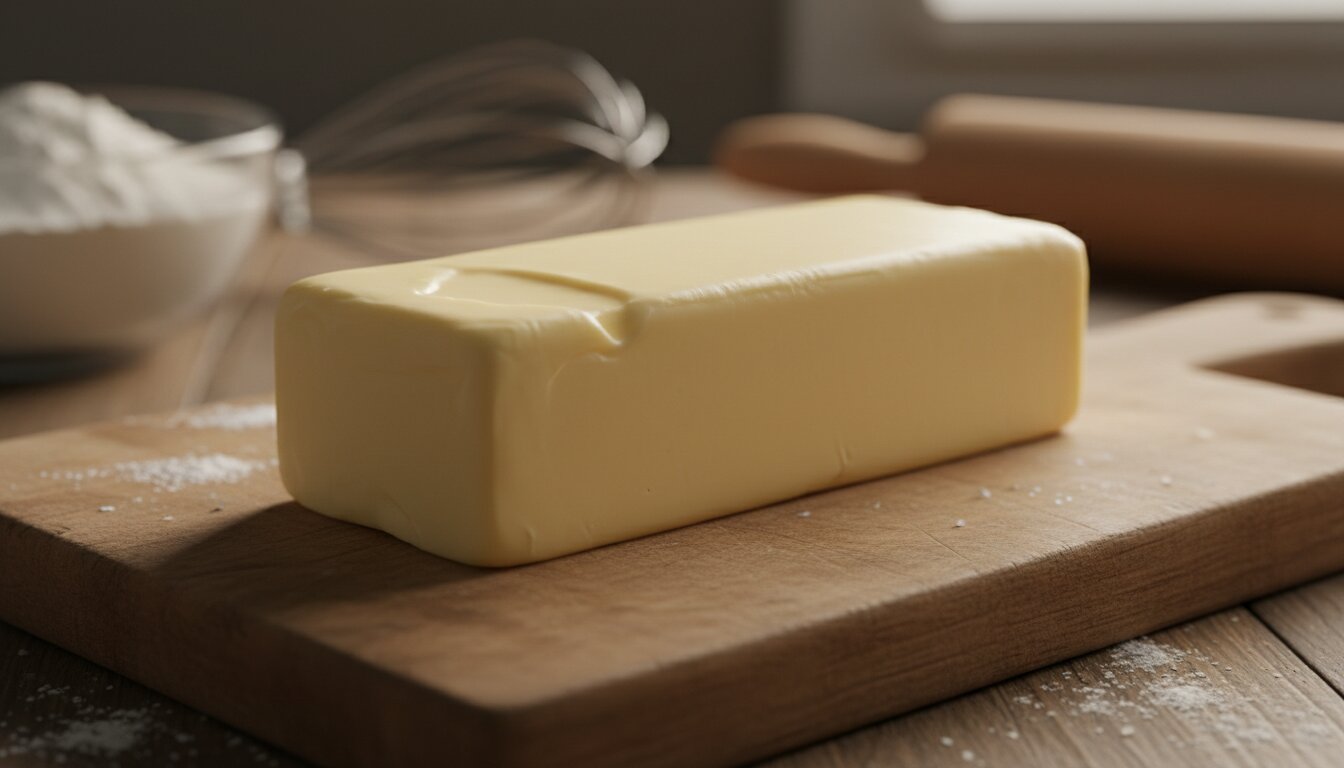 Primer plano de una barra de mantequilla firme y maleable sobre tabla de madera, con luz cálida resaltando su textura...