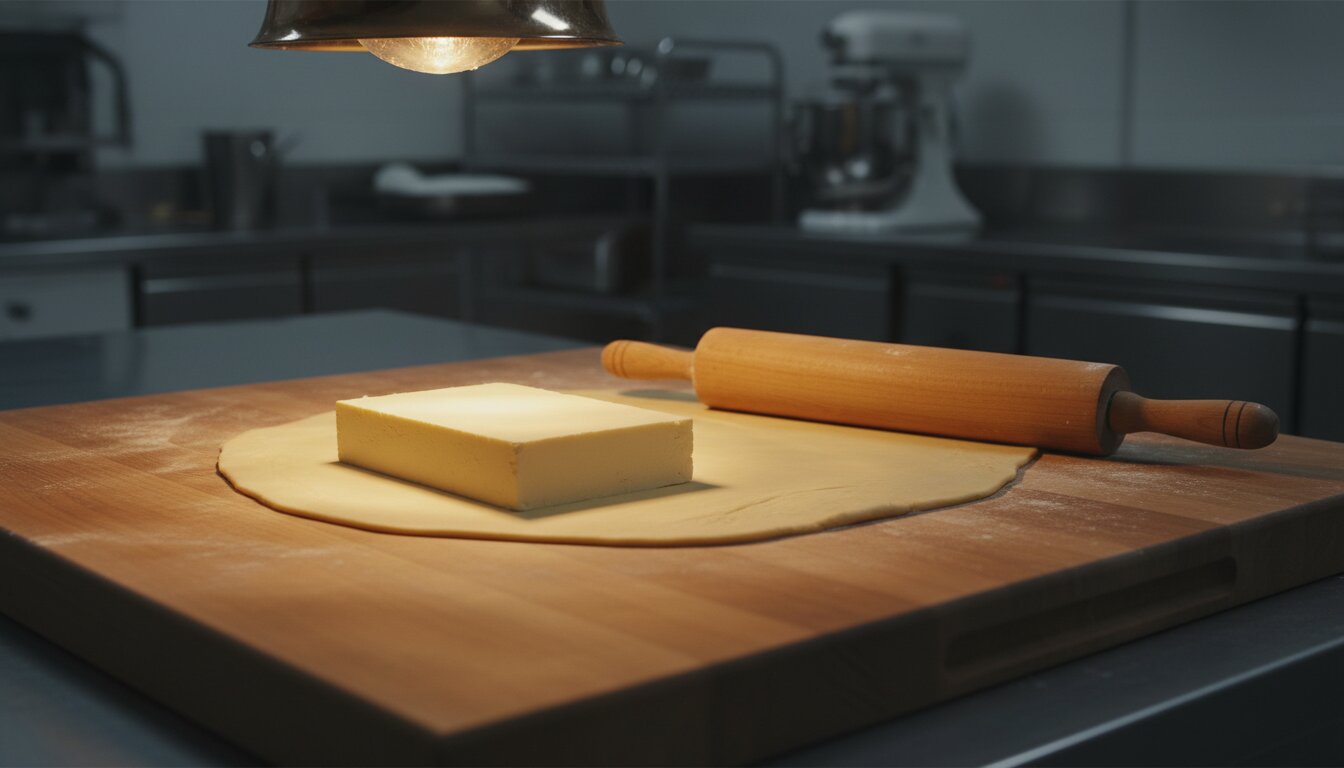 Plancha de masa de hojaldre extendida sobre mesa de trabajo, con bloque de margarina fría y rodillo bajo luz cálida d...