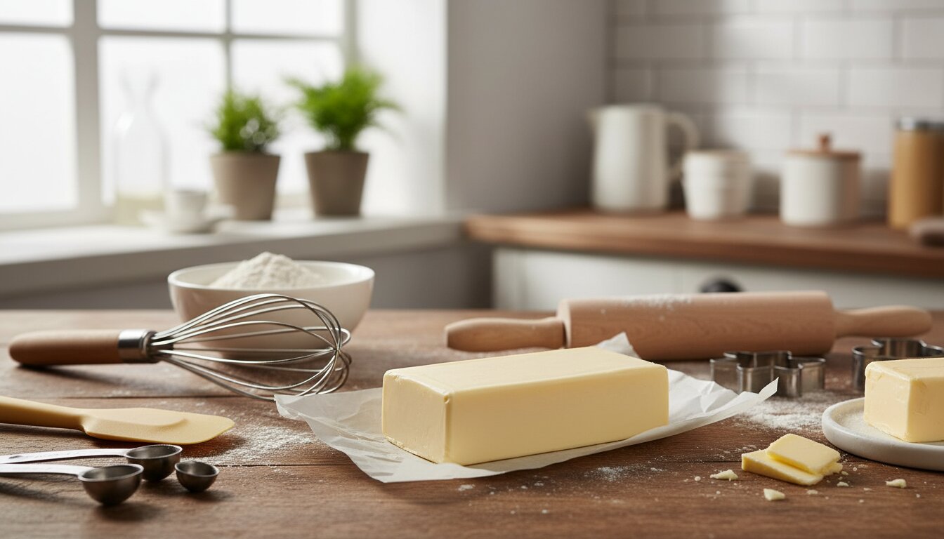 Bloque de margarina multipropósito sobre mesa de cocina, junto a utensilios de panadería y pastelería, luz natural suave