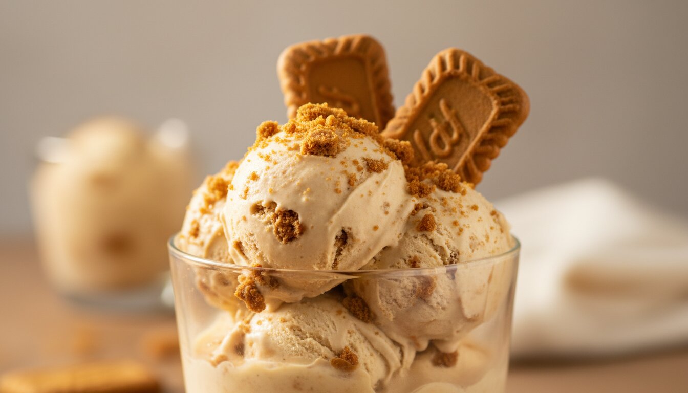 Vaso transparente con helado cremoso de galletas Lotus, trozos visibles de galleta, luz cálida y fondo neutro desenfo...