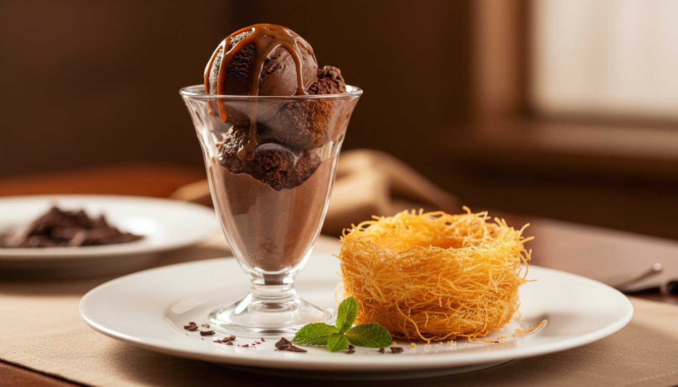 Helado de chocolate cremoso en copa transparente junto a fideos kataifi dorados y crujientes sobre plato blanco, luz ...