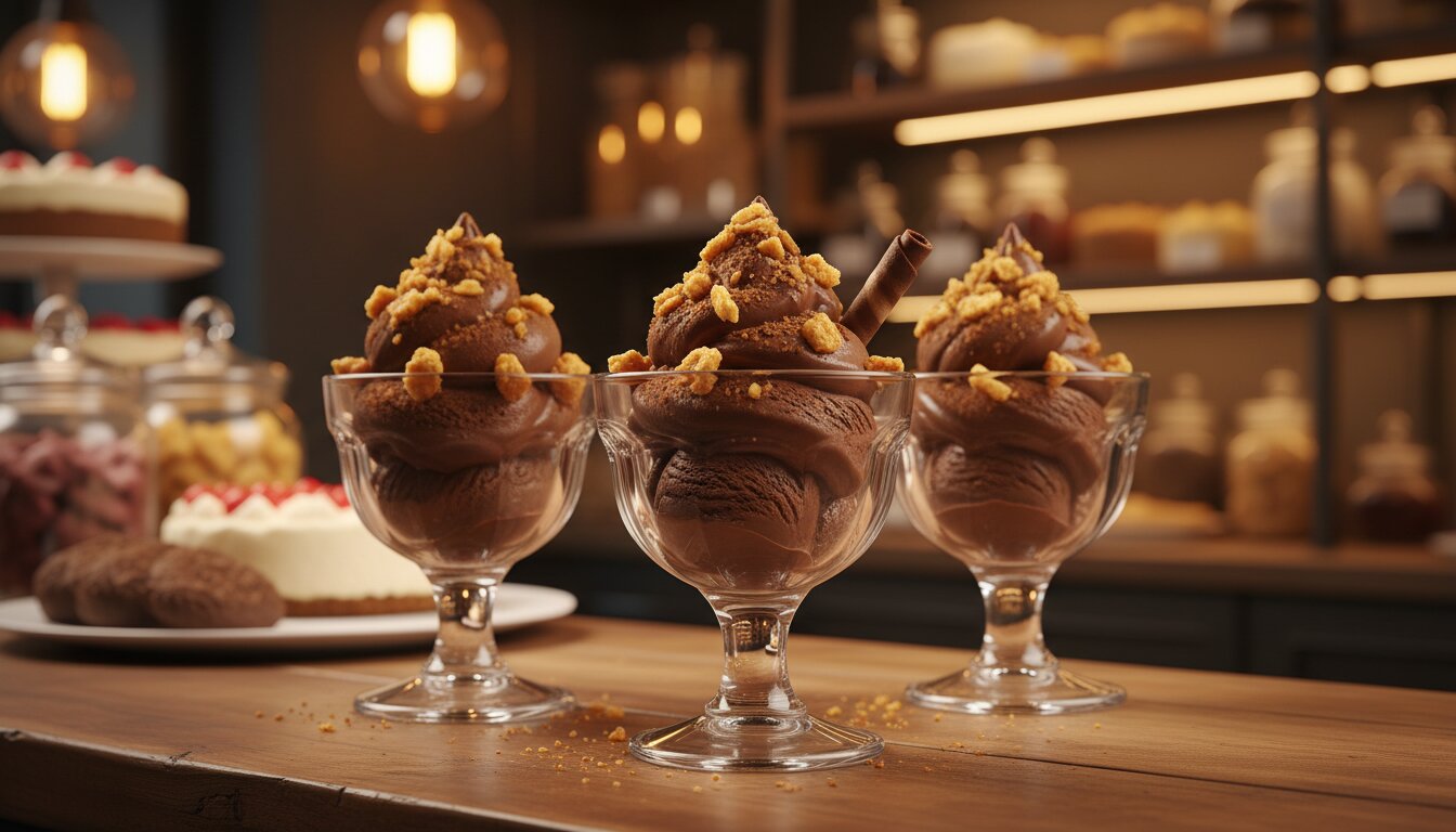 Copas de vidrio transparentes con helado de chocolate, decoradas con trozos crocantes y fondo cálido de confitería il...
