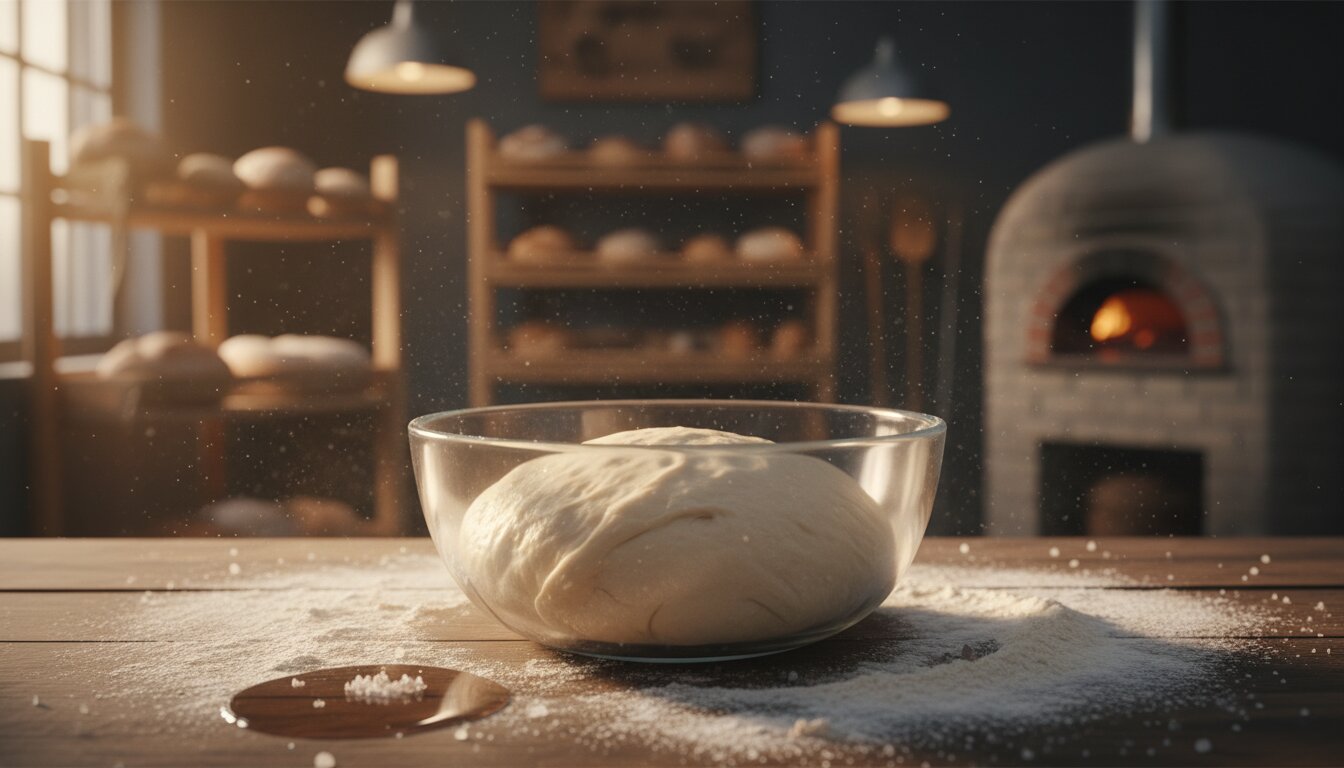 Primer plano de masa de pan en bol de vidrio con harina, agua y sal alrededor, luz cálida y ambiente de panadería tra...