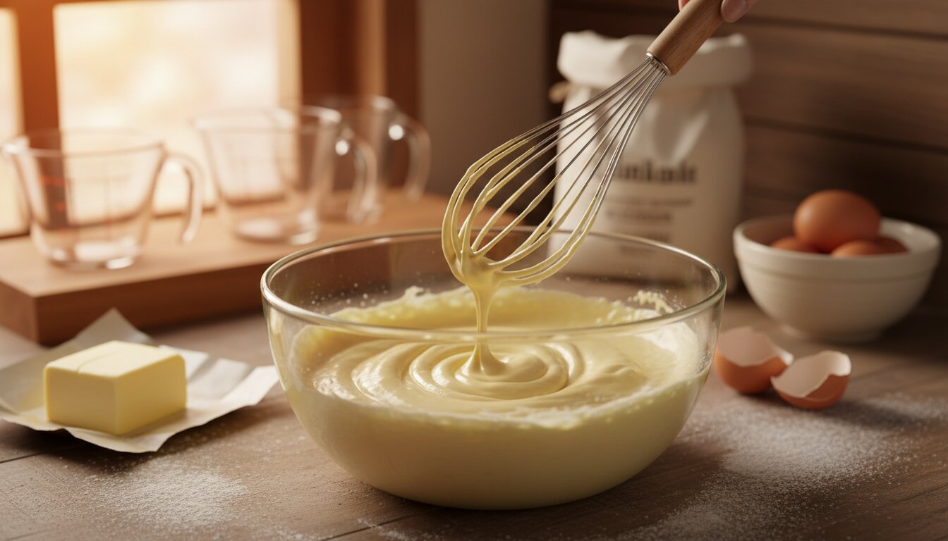 Bol de vidrio con mezcla cremosa de masa, mantequilla, azúcar y huevos, batidor de mano y luz cálida de cocina hogareña