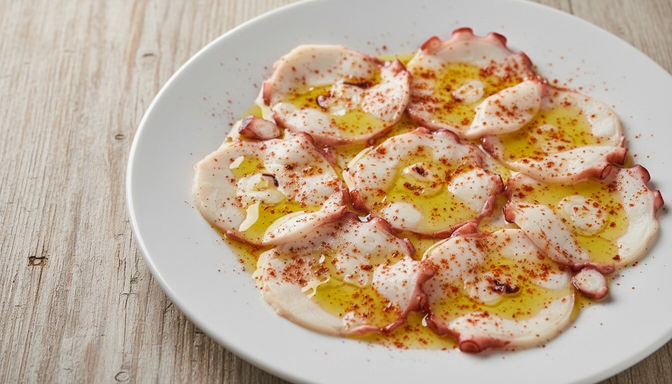 Plato blanco con finas láminas de pulpo cocido, aceite de oliva brillante y pimentón espolvoreado, sobre fondo rústic...