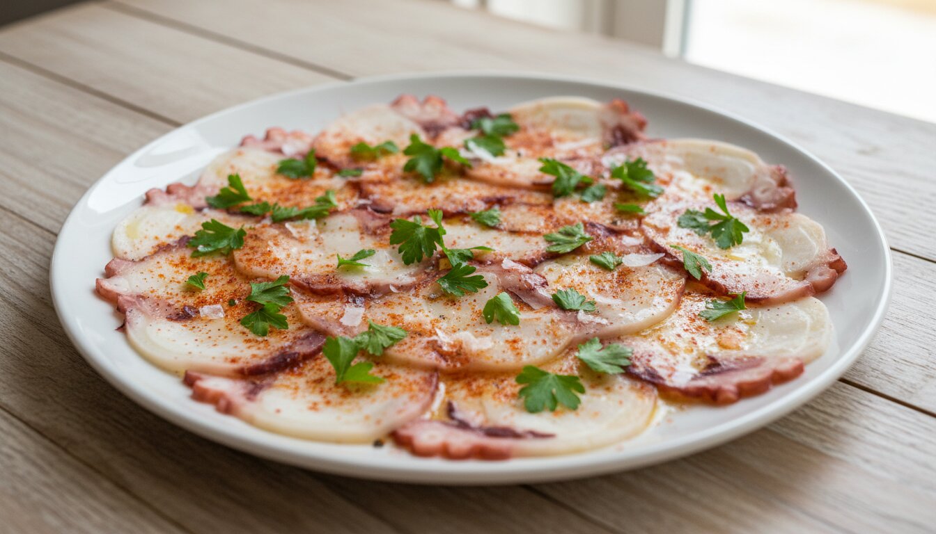 Primer plano de un plato con carpaccio de pulpo decorado con perejil fresco, pimentón rojo y escamas de sal sobre fon...