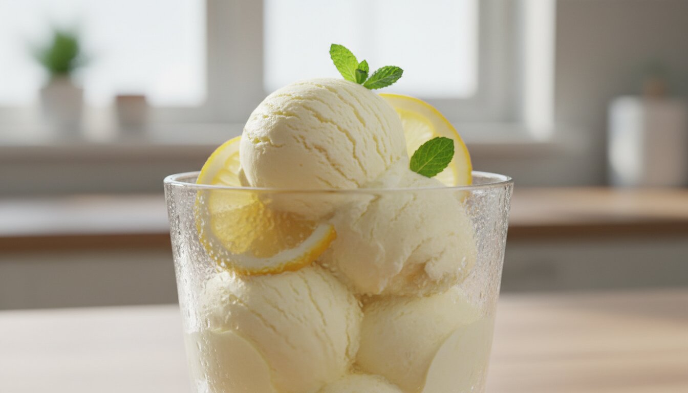 Primer plano de un vaso transparente con helado de limón cremoso, decorado con rodajas de limón y hojas de menta fres...