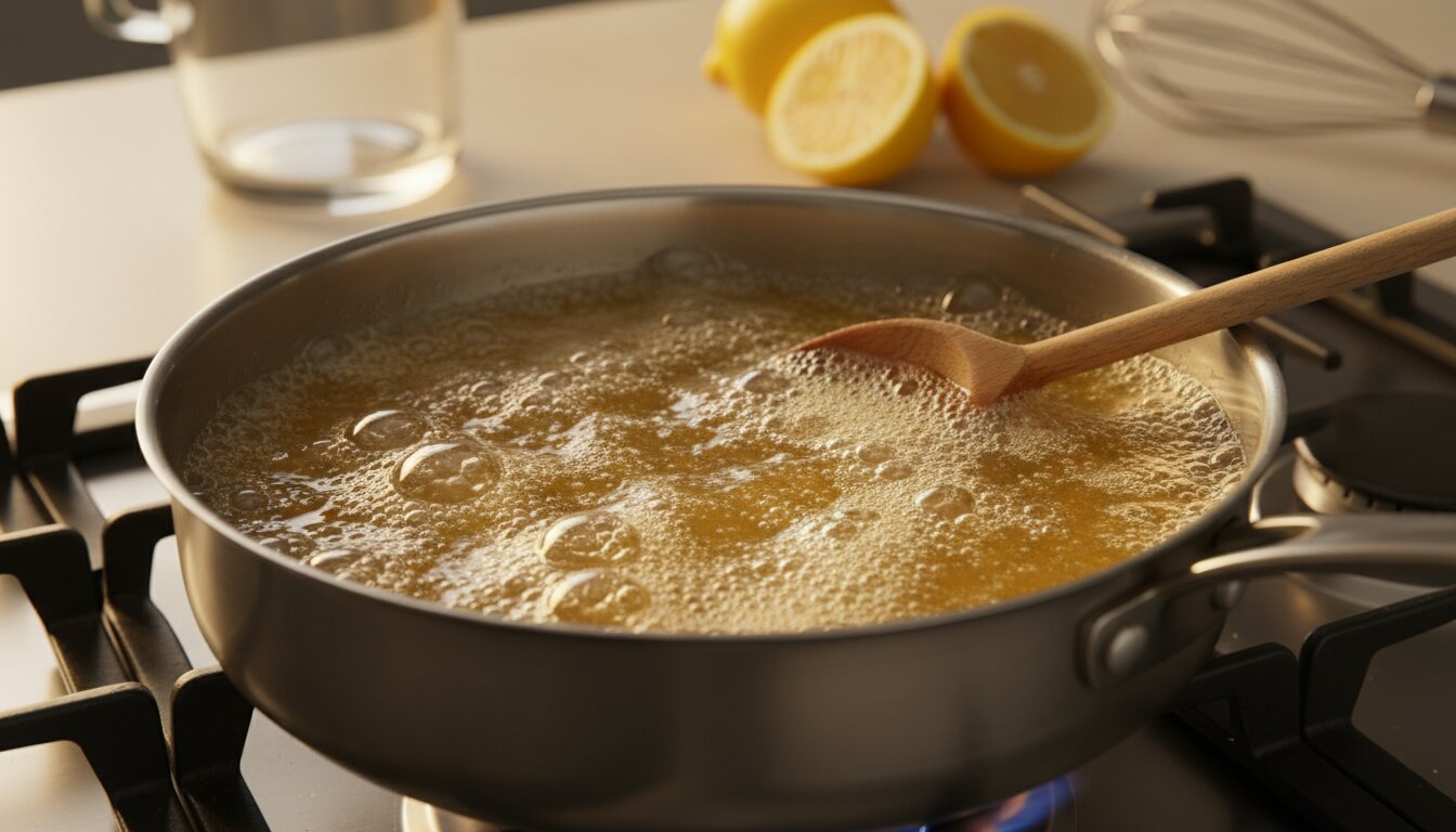 Cazo de acero con almíbar burbujeante sobre cocina de gas, luz cálida resaltando el brillo del azúcar disuelto.