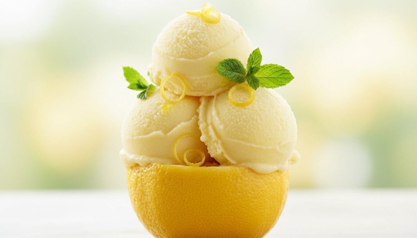 Primer plano de un limón partido y relleno con helado amarillo, coronado con dos bolas de helado y fondo difuminado l...