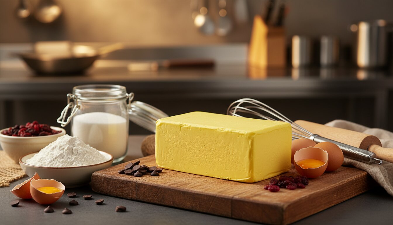Bloque de margarina amarilla sobre tabla de madera, junto a ingredientes de panadería y luz cálida de cocina profesio...