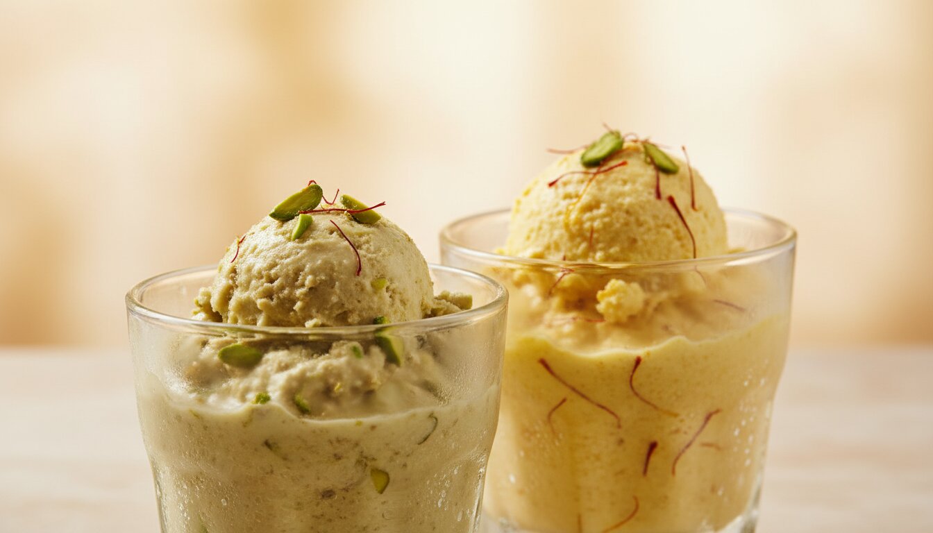 Porciones de kulfi pistacho y azafrán en vaso de cristal, textura densa y cremosa, fondo neutro con luz suave cálida
