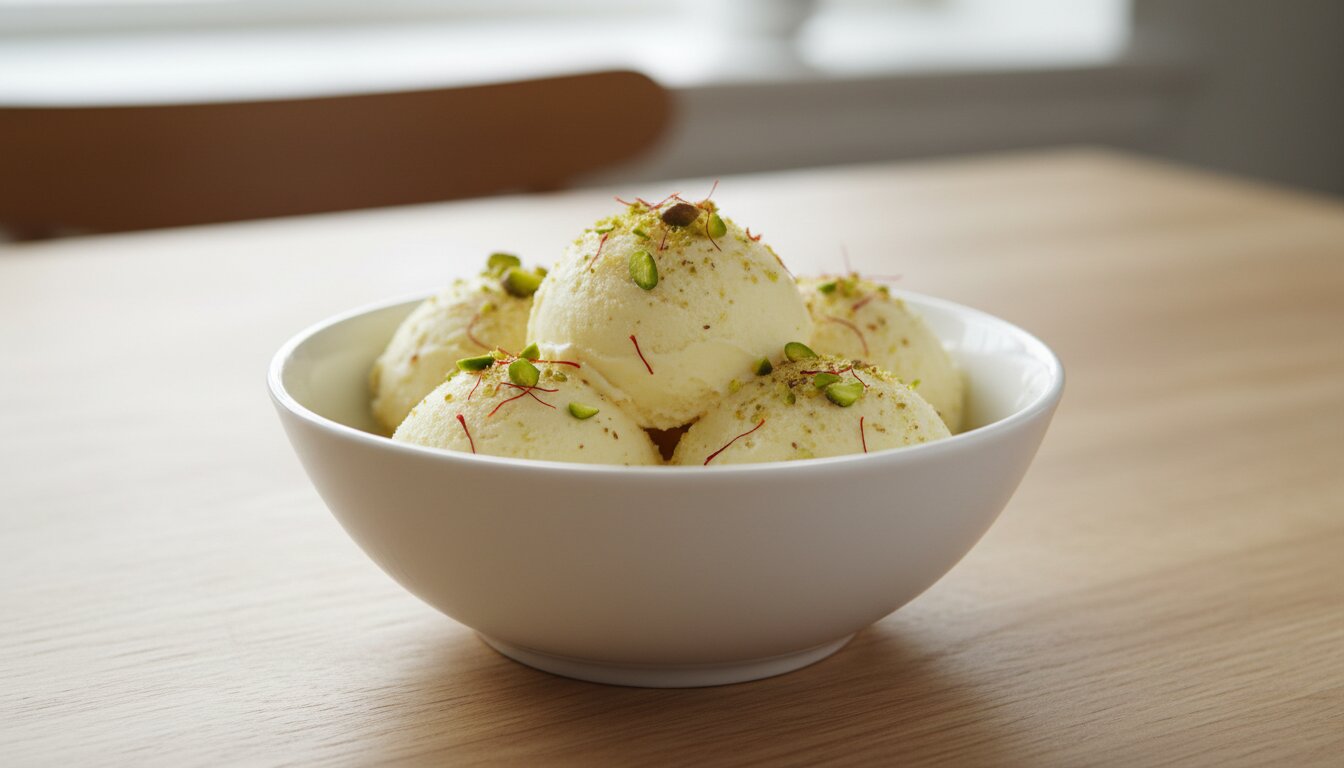 Tazón blanco con helado kulfi amarillo pálido decorado con pistachos verdes y hebras de azafrán, fondo de madera clar...