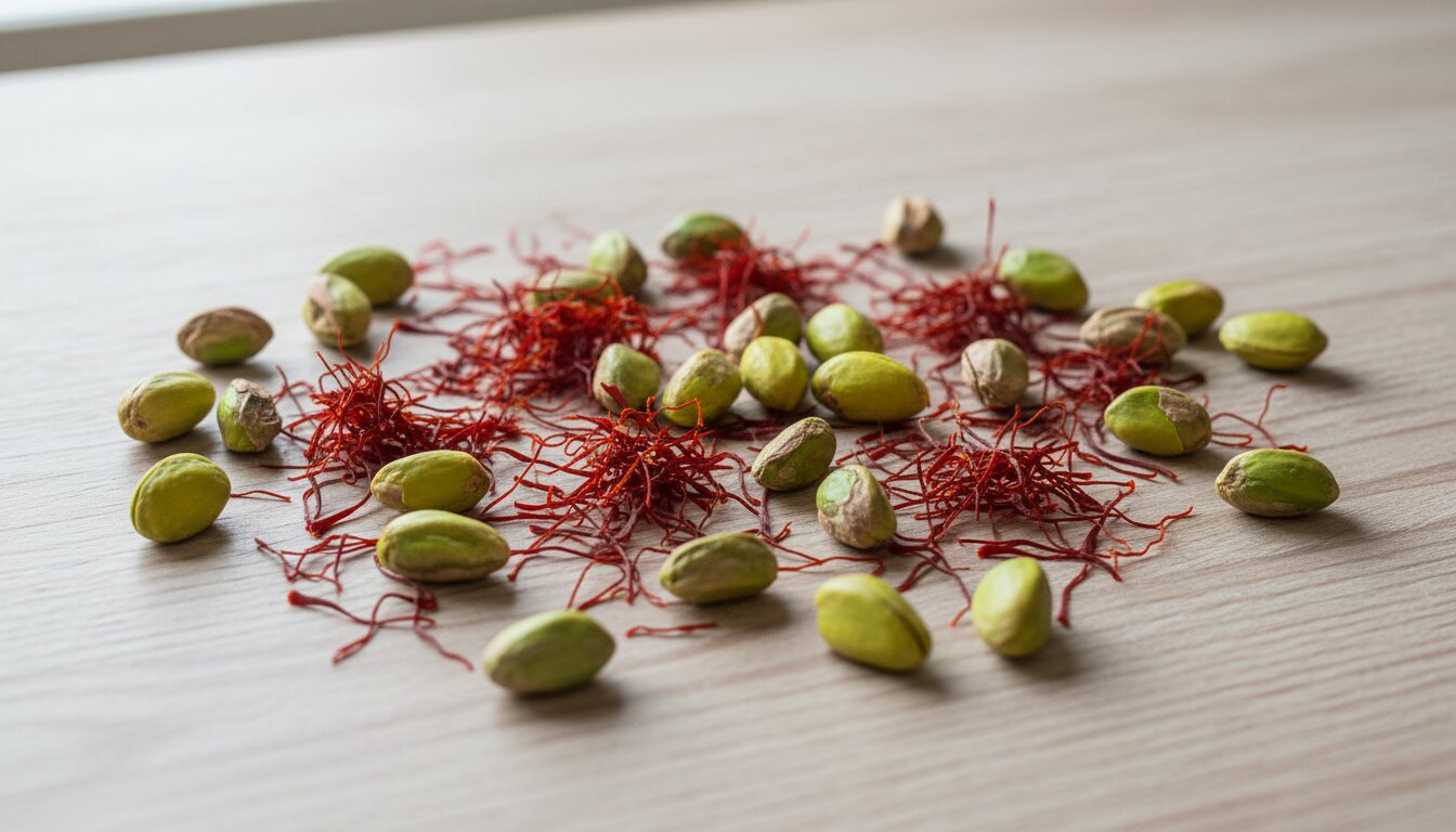 Primer plano de hebras de azafrán rojo intenso y pistachos frescos verdes sobre mesa de madera clara, luz natural suave